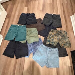Bundle of 11 pairs of men’s Casual Cotton Shorts - Assorted Green, Blue, Black